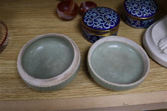 Two Islamic champleve enamel boxes and covers, agate geode halves and quartz cups